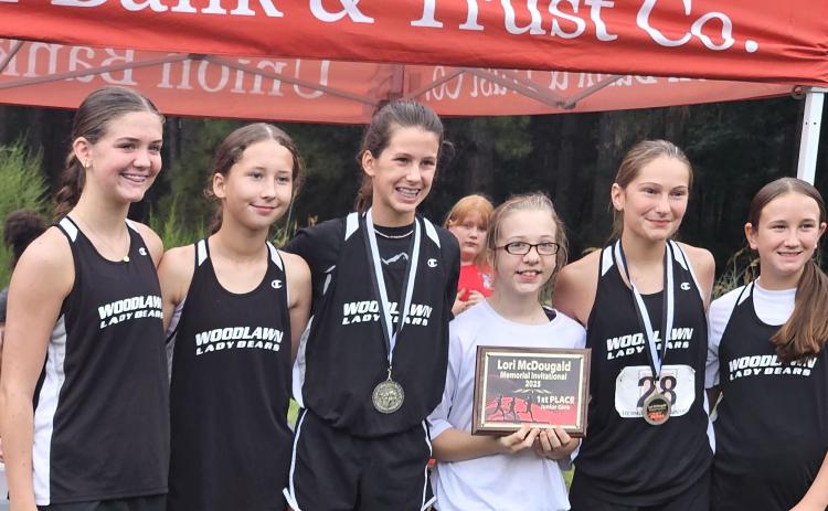 WOODLAWN JUNIOR GIRLS WIN MEET - Woodlawn Coach Autumn Lem reports the Woodlawn Junior Lady Bears cross country team finished first at the recent Lori McDougald Memorial Invitational meet held at Moro Bay. Pictured (left to right) Lindsey Doss, Aly Ashcraft, Abigail Stone (5th overall), Isabelle Lowe, Joleene Holland (8th overall) and Ella Richardson. The meet was hosted by Hermitage High School.