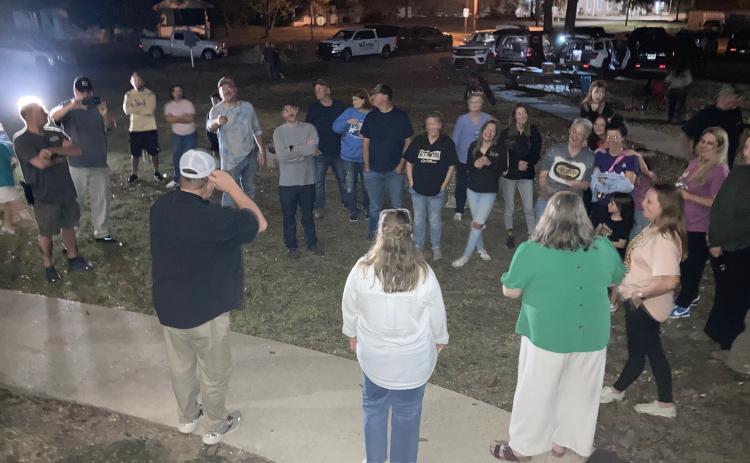 CELEBRATION TIME - Cleveland County School District Superintendent Davy King (lower left) addresses the crowd of supporters who gathered at the courthouse to await the results. King credited many of them with putting in the work to finally get the millage approved after two other attempts in 2021 and 2022 came up short.