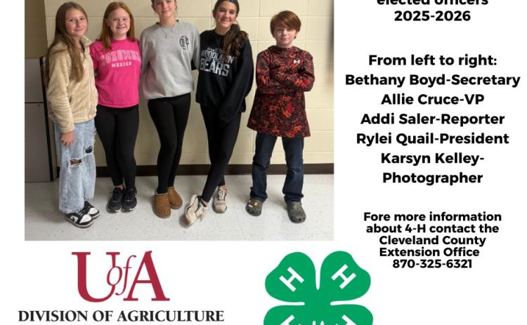 WOODLAWN - The U of A Division of Agriculture Extension Office announces the Woodlawn 6th Grade 4-H Officers. Pictured left to right are Bethany Boyd, secretary; Allie Cruce, vice president; Addi Saler, reporter; Rylei Quail, president; and Karsyn Kelley, photographer. For more information about 4-H, contact the Extension Office at (870) 325-6321.