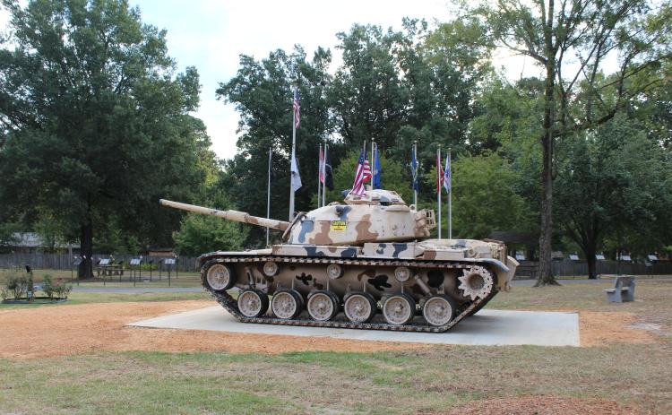 COMPLETED DISPLAY - An M60 tank painted in the Operation Desert Storm camouflage pattern is now on permanent display at the Cleveland County Veterans Park in Rison.  The M60 tank is an improved version of the M48 Patton tank. It was produced from 1960 through 1987, and was used extensively during Operation Desert Storm in 1991.
