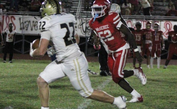 LATE SCORE FOR BITELY - Rison senior running back Aidan Bitely breaks free for a 42-yard touchdown run with 1:02 left in the game, pulling the Wildcats to within 32-26 of the McGehee Owls. McGehee was able to recover the ensuing onside kick attempt, and then made a first down to run out the clock to preserve the victory.