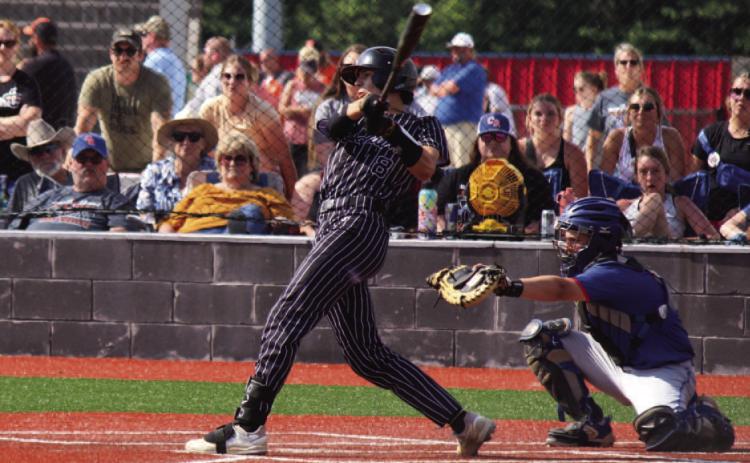 JOHNSON LAUNCHES TRIPLE - Woodlawn senior Aidan Johnson watches as he blasts a triple into centerfield to start the bottom of the sixth inning in the Class 2A state semifinal game against Cedar Ridge. Five of the Bears' 11 hits in the game went for extra bases. Johnson and Tate Hall both had triples while Hall, Peyton Wells and Jayden Wilmoth had doubles.