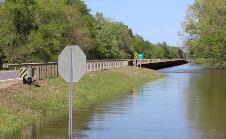 FLOOD WATERS THREATEN HWY. 79 - This photo taken at about 3:30 p.m. Tuesday, April 8, shows the water level at the Hwy. 79 bridge over the Saline River between Rison and Kingsland. The Cleveland County Sheriff’s Department posted on social media that it had received several calls about the bridge being closed due to the floodwaters, but it never was. The water began to recede by Wednesday morning.
