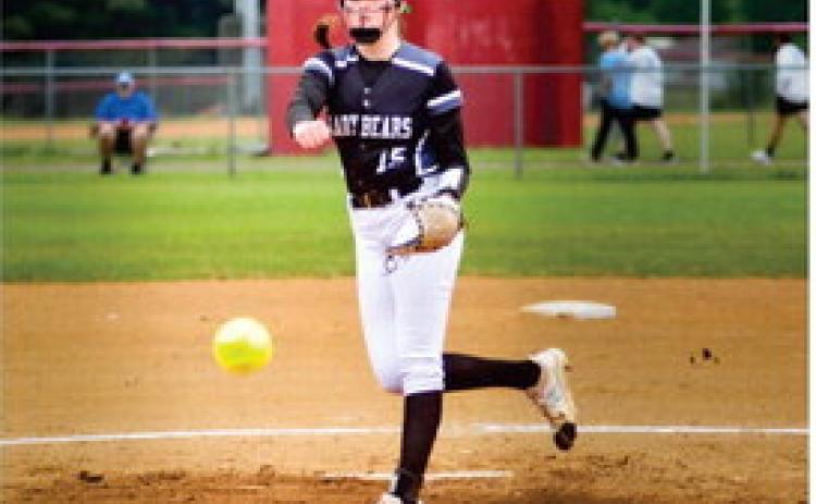 McWHORTER PACES LADY BEARS - Woodlawn sophomore pitcher Lillie Faye McWhorter allowed just three hits and one walk while striking out 13 in the Lady Bears' 4-1 semifinal win over the Dierks Lady Outlaws. She came to pitch another thee-hitter on Saturday as Woodlawn beat the Spring Hill Lady Bears, 6-1, to win the Class 2A South Region Champiohnship. (Photo by Kelvin Scott, Cardboard Sports)