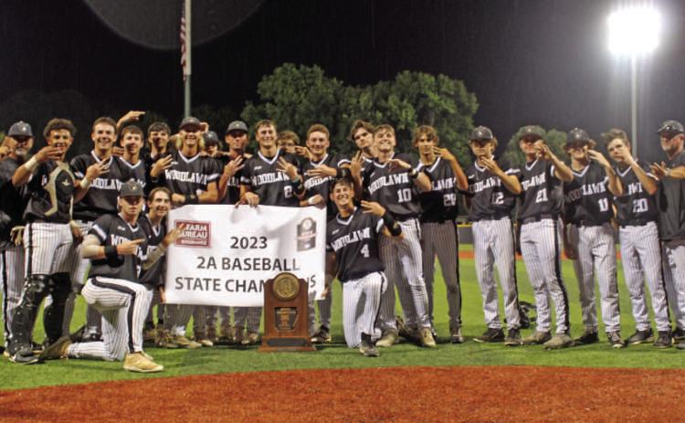 2023 CLASS 2A STATE CHAMPIONS - Members of the 2023 Class 2A State Champion Woodlawn Bears baseball team are Tristan Bates, Jase Bishop, Dylan Butler, Gage Boykin, Grant Cowart, Mason Edmonds, Tyler French, Tate Hall, Austin Howard, Luke Jacks, Aidan Johnson, Brayden Jones, Dillon Lunsford, Kane Mills, Ethan Oliver, Jaxson Raney, Ryan Rutledge, Owen Stover, Garrett Weatherford and Jayden Wilmoth. Coaches include Head Coach Tommy Richardson and Assistant Coaches Stephen Boyd, Alan Neill and Brian Miller.