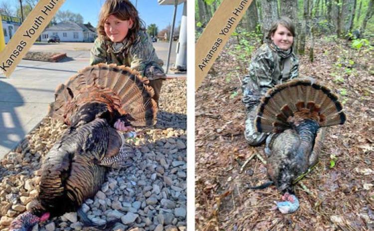 GOBBLERS FROM TWO STATES - Rison Elementary student Archer Davis of the Toledo community bagged two turkeys during youth hunts in two different states. The Kansas bird had a 12 in beard, 1 1/2 inch spurs and weighed 26 lbs. The Arkansas bird had a 9 inch beard, 3/4 inch spurs and weighed 19 lbs.
