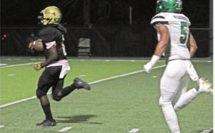 MARSHALL TAKES IT TO THE HOUSE - Rison's Jeremiah Marshall (left) pulls away from Hoxie's Prechton Wilkerson after hauling in a pass from Owen Morrison as the Wildcats cut the Mustangs' lead to 21-6 on the first play of the second quarter.