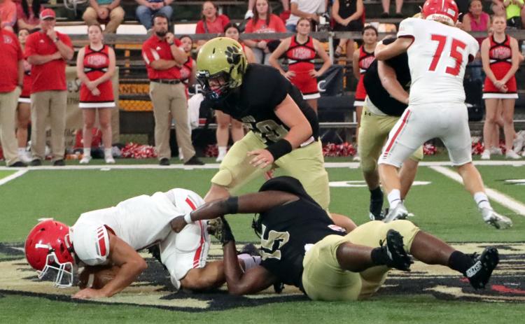 BIG GAME FOR BOSWELL - Rison senior defensive end Roger Boswell (bottom making tackle) brings down Dardanelle’s All-State quarterback Drew Vega during first half action. Wildcat Coach Clay Totty said Boswell was the team’s leading tackler against the Sand Lizards. (Photo by Chris Phillips)