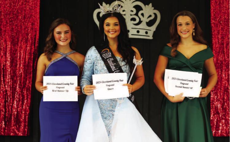 JUNIOR FAIR QUEEN - Gracen White (center) was crowned Cleveland County Junior Fair Queen. First Runner Up (left) was Alivia Nixon, and Second Runner Up and Miss Congeniality (right) was Leah Brewer. Photo by Kim Kaye King.