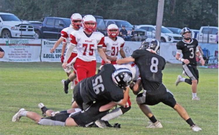 NO REST FOR RASCOE - Midland sophomore quarterback Chase Rascoe is buried near the line of scrimmage by Woodlawn's Ethan Adair (bottom), Steven Adair (no. 56) and Aidan Johnson (no. 8) during first half action. The Bears defense turned in another solid effort, registering several tackles at or behind the line of scrimmmage. Woodlawn defensive coordinator Alan Neill noted that the starting defense has give up 12 points through the first two games of the season.