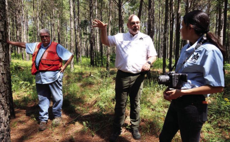 FORESTRY FILMING - UAM Forestry Instructors film a piece on forest operations located south of Collins, Arkansas. Pictured are Mike Pennington, President of Monticello-based forestry and logging company L.D. Long Inc.; Dr. Matthew Pelkki, Director Arkansas Center for Forrest Business, UAM Forest Economist; and Ana Gutierrez, Research Assistant, Arkansas Center for Forest Business, University of Arkansas at Monticello. Photo courtesy of Lonnie Tegels.