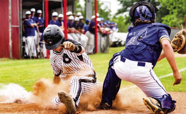 SAFE AT HOME - Woodlawn's Mason Edmonds, running for Austin Howard, slides safely into home plate in the bottom of the sixth to give the Bears a 6-5 lead over Spring Hill in the opening round of the Class 2A South Region Tournament at Horatio. Woodlawn added three more runs to poast a 9-5 victory. (Photo by Kelvin Scott, Cardboard Sports)