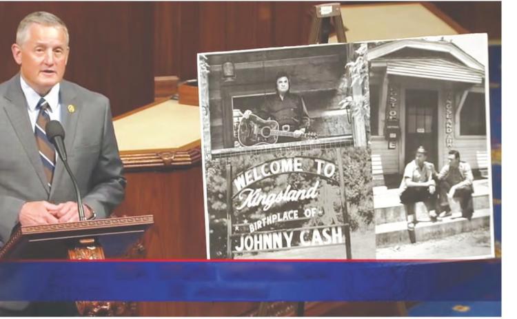 REP. BRUCE WESTERMAN (R) Arkansas WESTERMAN ADDRESSES CONGRESS - This screenshot is taken from a video of Fourth District Congressman Bruce Westerman (R-Hot Springs) addressing Congress Monday in support of his resolution to rename the post office at Kingsland after Johnny Cash. The display he used during his presentation includes the photo of Cash and fellow country music singer Johnny Horton on the curb in front of the old Kingsland Post Office.