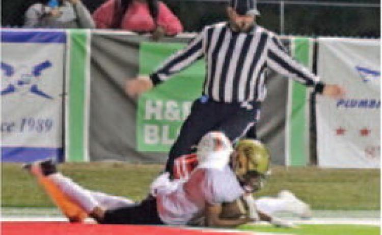 JUST THAT CLOSE - Rison's Braylin Bennett comes up just inches short of a touchdown after returning a kickoff 80 yards in the second quarter. Bennett's big return came just after Drew Central had scored a touchdown and converted a two-point conversion to make it 14-8 with 1:53 left in the first half. Wildcat quarterback Owen Morrison punched it in on the next play to give Rison a 21-8 lead at halftime. (Photo by Chris Phillips)